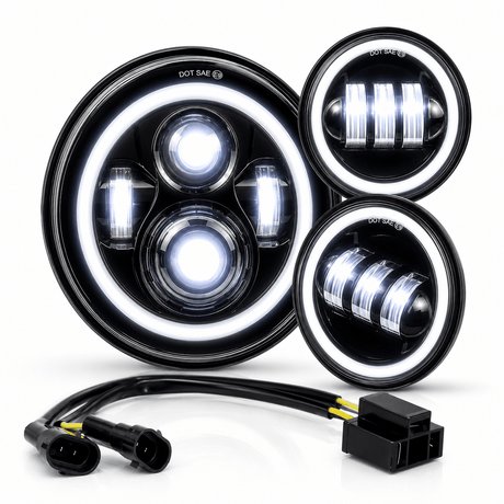 Eagle Lights 7" LED Headlight and 4.5" LED Passing Light Kit with Halo Rings for Harley-Davidson and Indian Motorcycles - Generation I / Black