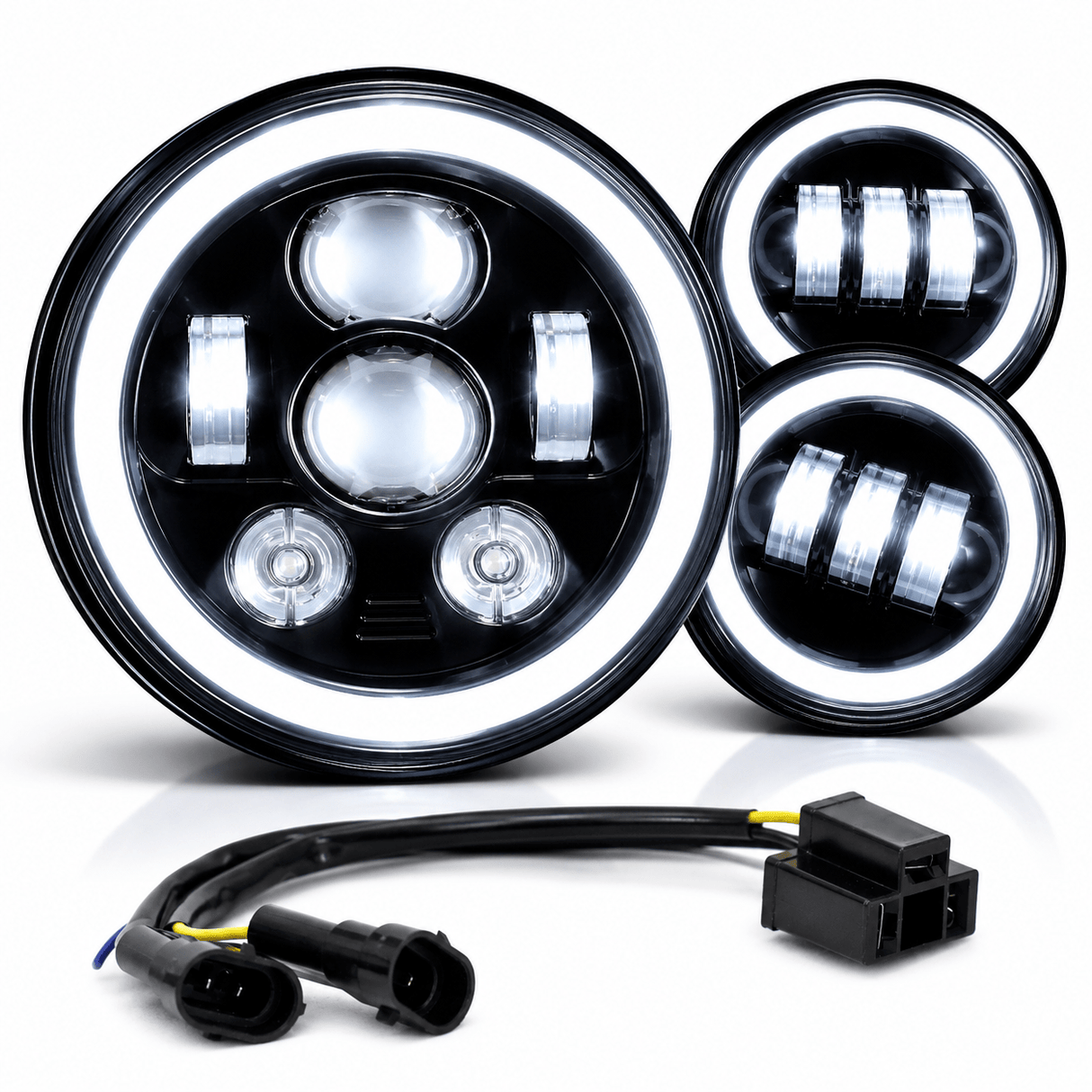 Eagle Lights 7" LED Headlight and 4.5" LED Passing Light Kit with Halo Rings for Harley-Davidson® & Indian® Motorcycles - Generation III / Black / Halo Ring