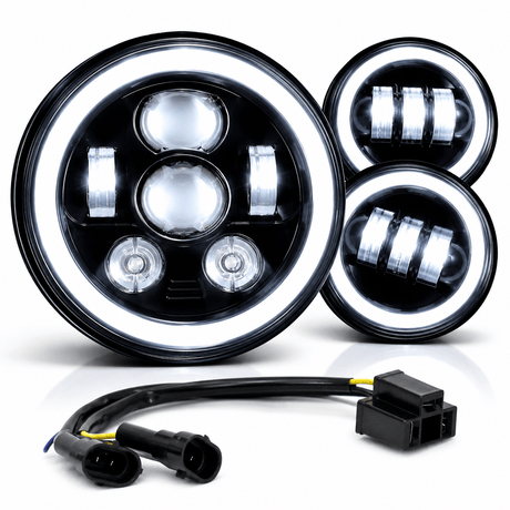 Eagle Lights 7" LED Headlight and 4.5" LED Passing Light Kit with Halo Rings for Harley-Davidson® & Indian® Motorcycles - Generation III / Black / Halo Ring
