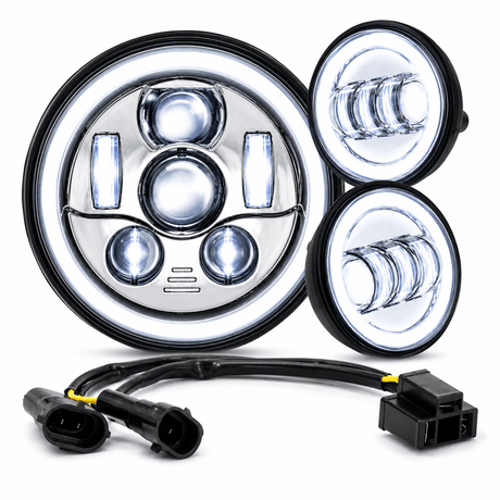 Eagle Lights 7" LED Headlight and 4.5" LED Passing Light Kit with Halo Rings for Harley-Davidson® & Indian® Motorcycles - Generation III / Chrome / Halo Ring