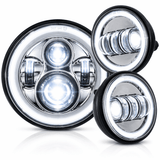 Eagle Lights 7" LED Headlight and 4.5" LED Passing Light Kit with Halo Rings for Harley-Davidson and Indian Motorcycles - Generation I / Chrome