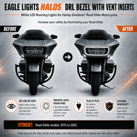 Eagle Lights HALOS DRL Bezel With Vent Inserts And White LED Running Lights for Harley-Davidson® Road Glide Motorcycles