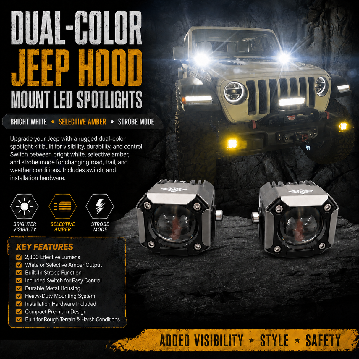 Dual-color Jeep hood mount LED spotlights shown in front of a Jeep on a dark rocky background, with product close-ups at the bottom and feature callouts including bright white, selective amber, and strobe mode.