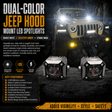 Dual-color Jeep hood mount LED spotlights shown in front of a Jeep on a dark rocky background, with product close-ups at the bottom and feature callouts including bright white, selective amber, and strobe mode.