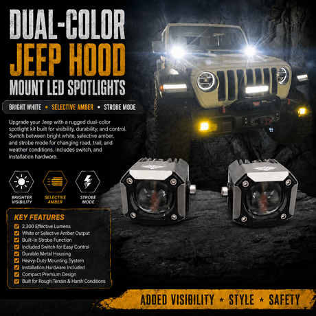 Dual-color Jeep hood mount LED spotlights shown in front of a Jeep on a dark rocky background, with product close-ups at the bottom and feature callouts including bright white, selective amber, and strobe mode.