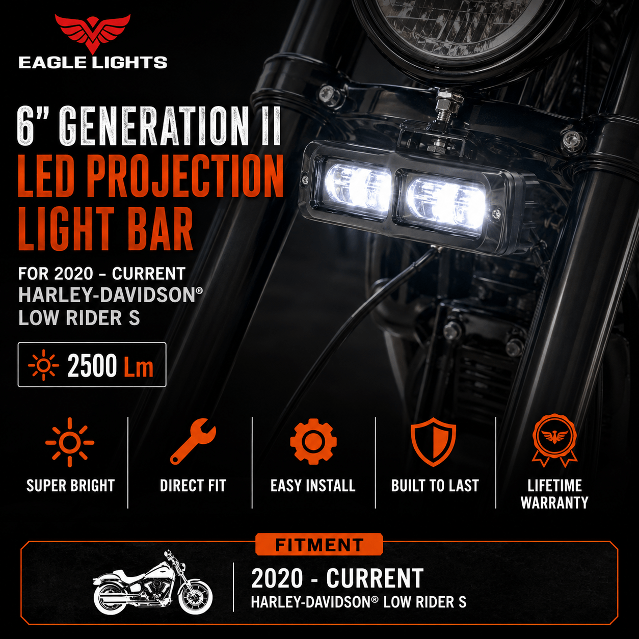 Eagle Lights 6" Generation II LED Projection Light Bar with Plug and Harness for 2020 - Current Harley-Davidson® Low Rider S