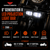 Eagle Lights 6-inch Generation II LED Projection Light Bar for Harley-Davidson Softail and Dyna models, shown mounted on a motorcycle with bright white illuminated LEDs and orange text overlays detailing features and fitment.
