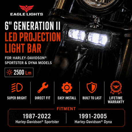 Eagle Lights 6-inch Generation II LED Projection Light Bar for Harley-Davidson Sportster and Dyna models, shown mounted on a motorcycle with bright white illuminated LEDs. The graphic features orange and white text detailing product features, fitment years, and installation benefits.