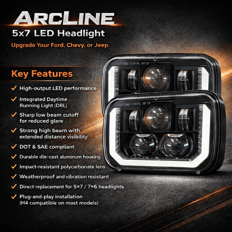 Eagle Lights ArcLine 5x7 Inch LED Headlight Pair for Chevrolet, GMC, Ford Trucks and Vans - Replaces H6054