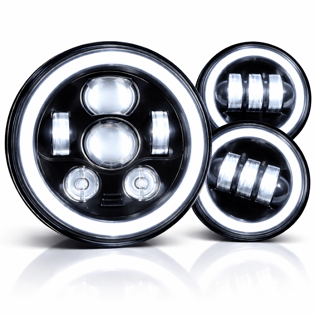 Eagle Lights 7" LED Headlight and 4.5" LED Passing Light Kit with Halo Rings for Harley-Davidson® & Indian® Motorcycles - Generation III / Black / Halo Ring