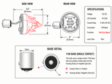 Technical line drawing showing side and rear views of a small circular automotive light with dimensions, a red arrow indicating the light beam, a specifications panel, and a base detail diagram labeled 1156 base single contact.