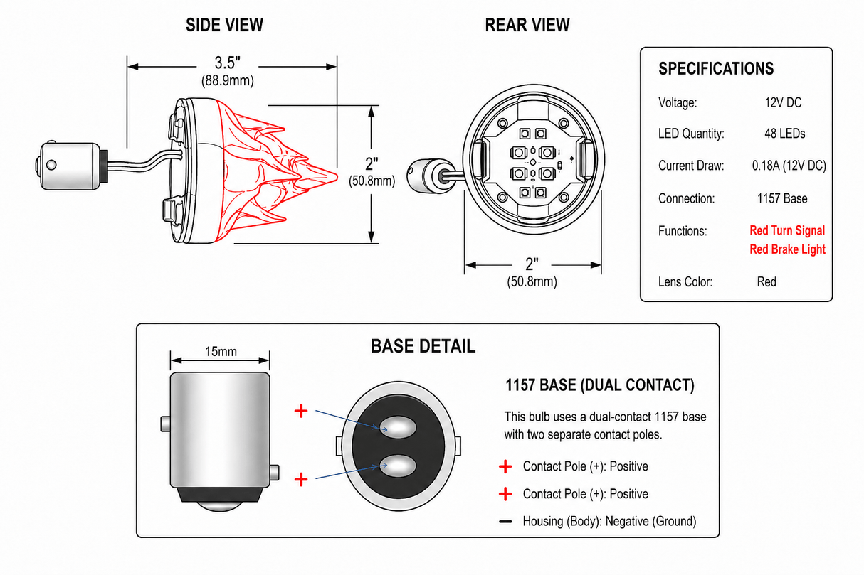 Technical specification and dimension diagram of a 1157 dual-contact LED brake light assembly, showing side view, rear view, base detail, and a specifications table on a white background.