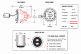 Technical specification and dimension diagram of a 1157 dual-contact LED brake light assembly, showing side view, rear view, base detail, and a specifications table on a white background.