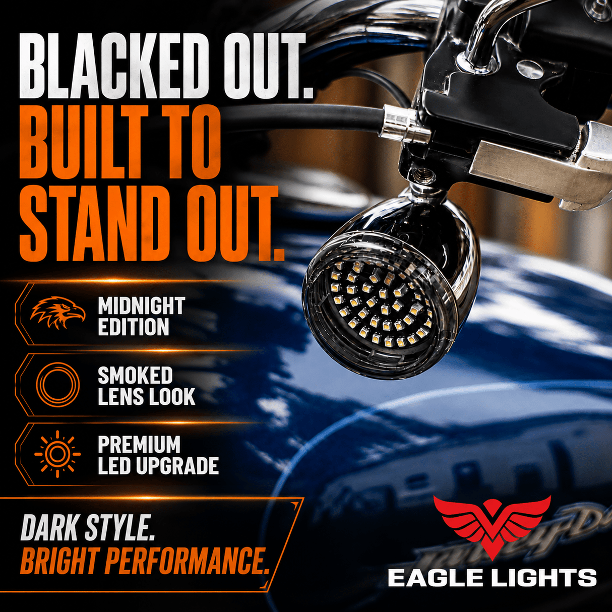 Eagle Lights Midnight Edition Front and Rear Turn Signals, Running Lights and Strobing Rear LED Turn Signal Kit for Harley-Davidson® Motorcycles - 1157 Front Base / 1157 Rear Base