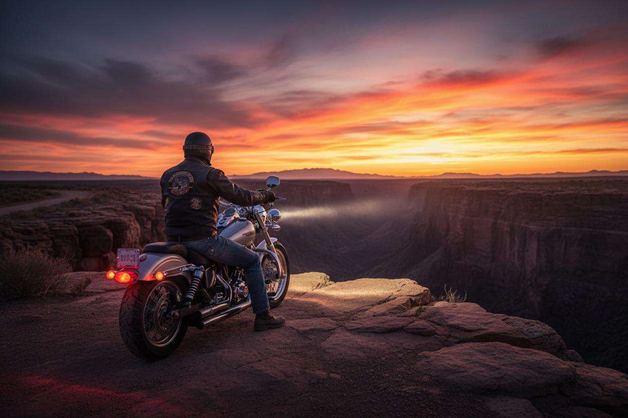 a rider on his harley davidson cruiser motorcycle is parked on a cliff. He is still on the bike. His back is facing us. A sunset it infront of him. The bright lights on this motorcycle illuminate the ground infront of him. It is picturesqe and interesting
