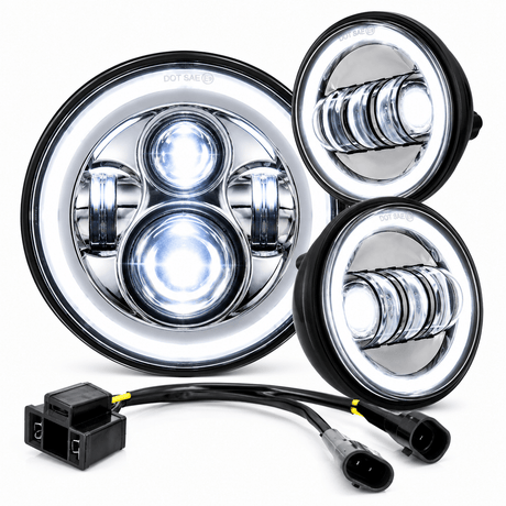 Eagle Lights 7" LED Headlight and 4.5" LED Passing Light Kit with Halo Rings for Harley-Davidson and Indian Motorcycles - Generation I / Chrome