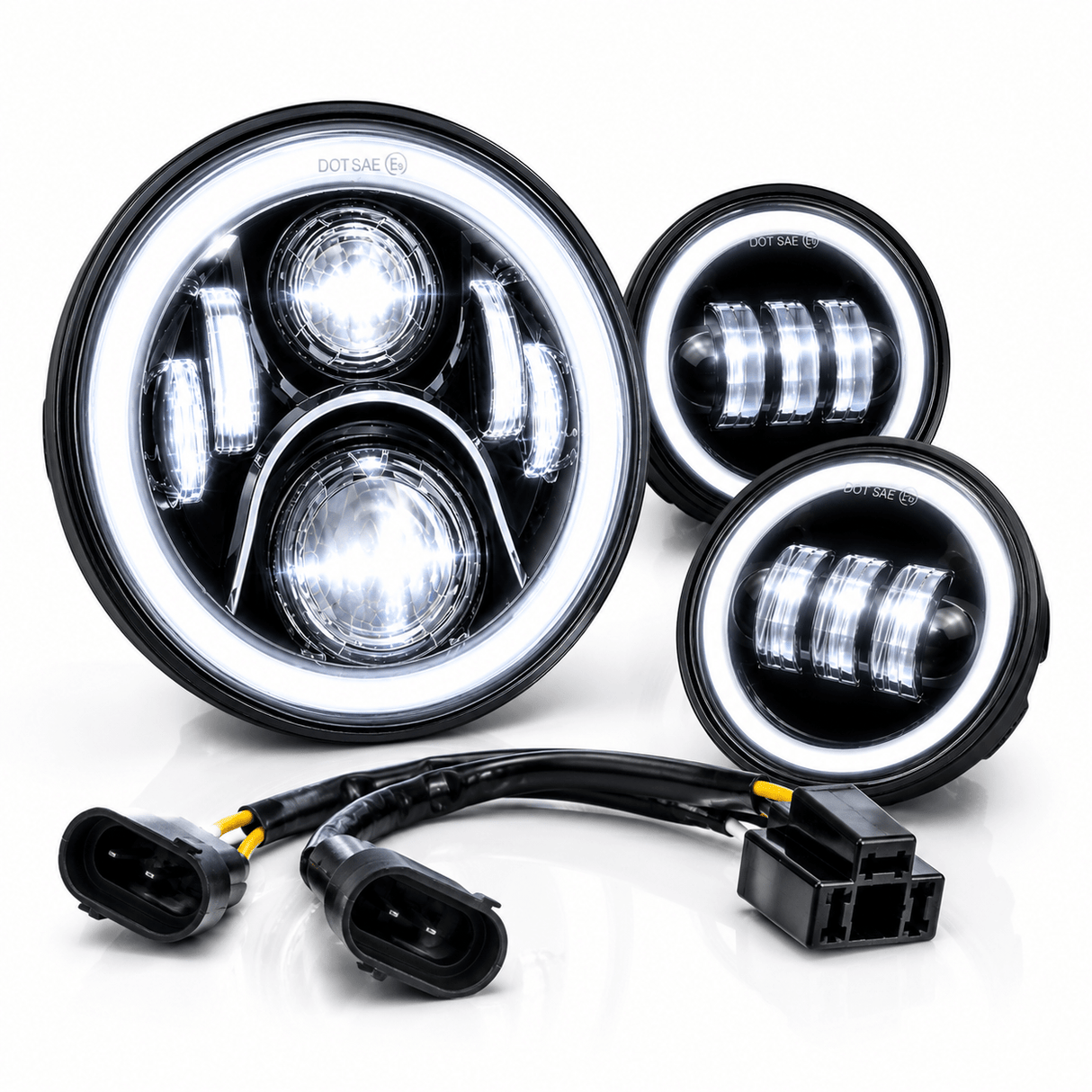 Eagle Lights 7" LED Headlight and 4.5" LED Passing Light Kit with Halo Rings for Harley-Davidson® and Indian Motorcycles - Generation II / Black / Halo Ring