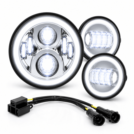 Eagle Lights 7" LED Headlight and 4.5" LED Passing Light Kit with Halo Rings for Harley-Davidson® & Indian® Motorcycles - Generation II / Chrome / Halo Ring