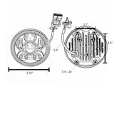 Eagle Lights 5 3/4 inch LED headlight with halo ring for 2018 Harley-Davidson Softail models showing front and rear dimensions