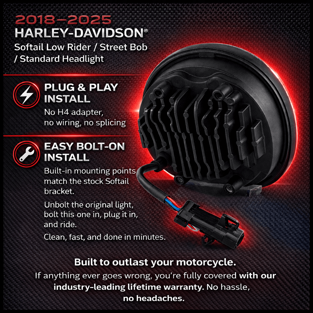 Eagle Lights halo LED headlight with projector lenses and white halo ring, direct-fit replacement for Harley-Davidson® Softail motorcycles