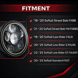 Eagle Lights round LED motorcycle headlight fitment chart for 2018 – 2025 Harley-Davidson® Softail Street Bob, Low Rider, Low Rider S, Low Rider ST, and Softail Standard.