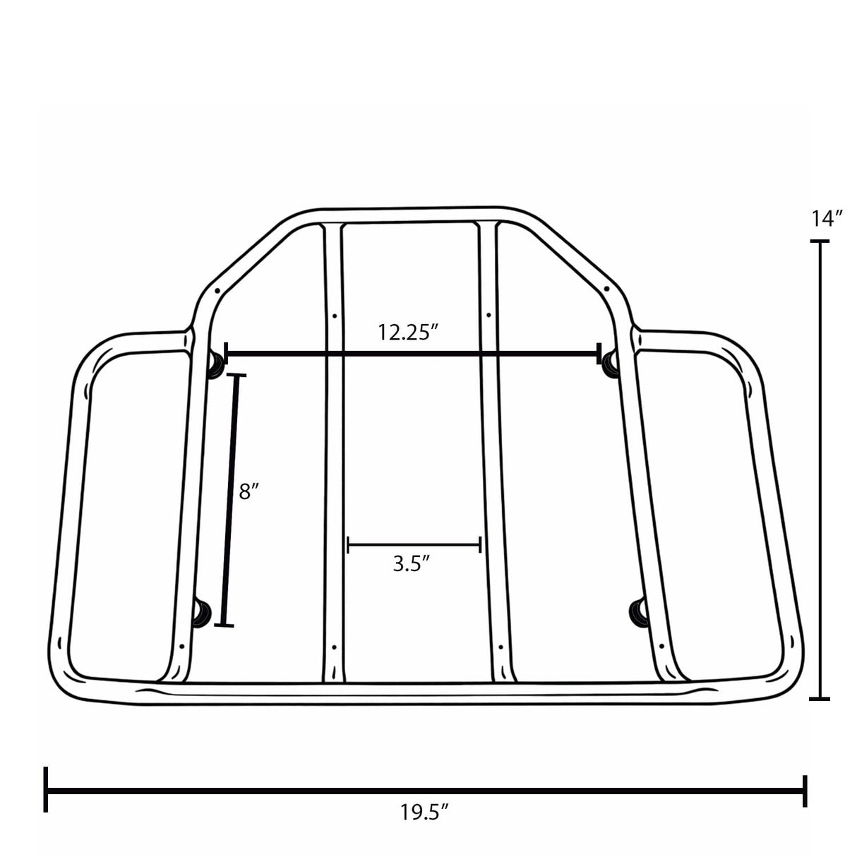 Eagle Lights Tour Pak luggage rack for Harley-Davidson Touring models showing mounting layout and overall dimensions
