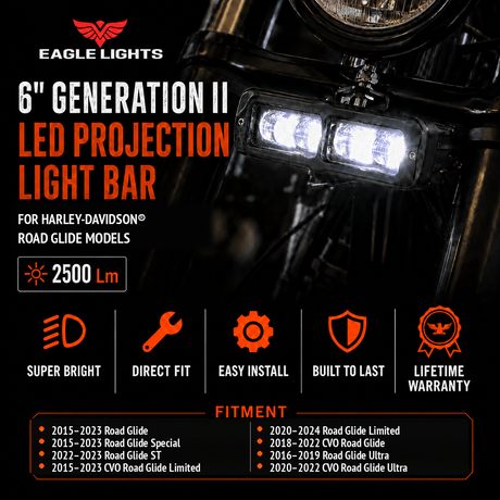 Eagle Lights 6" Generation II LED Projection Light Bar with Plug and Harness for 2015- Current Harley-Davidson Road Glide Models