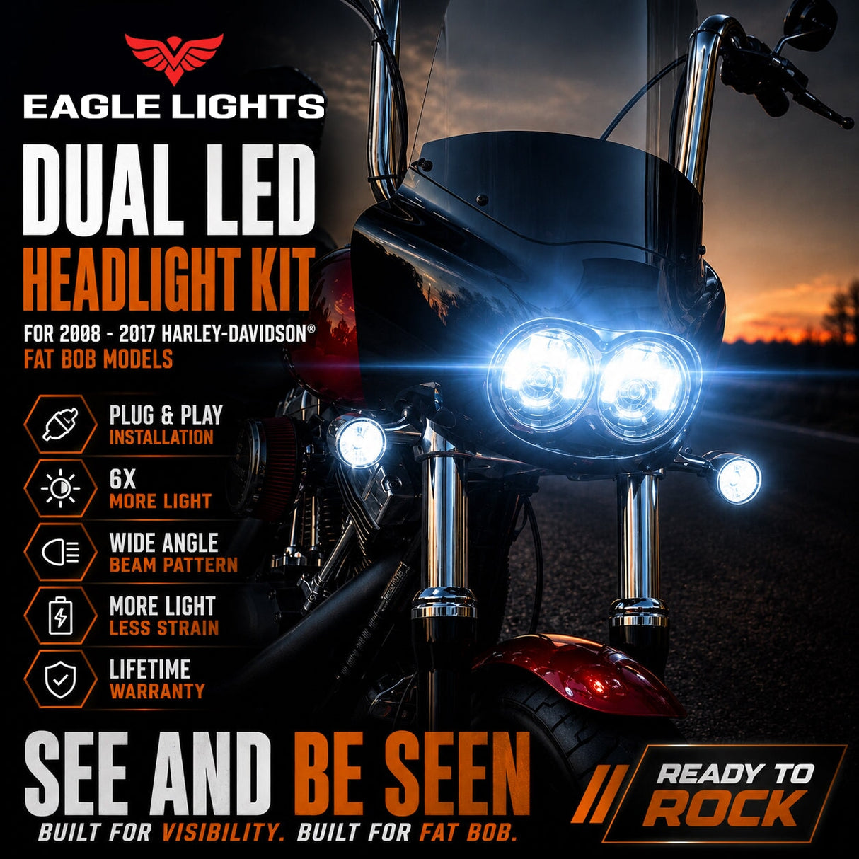Eagle Lights Dual LED Headlight Kit for 2008 - 2017 Harley-Davidson® Fat Bob Models