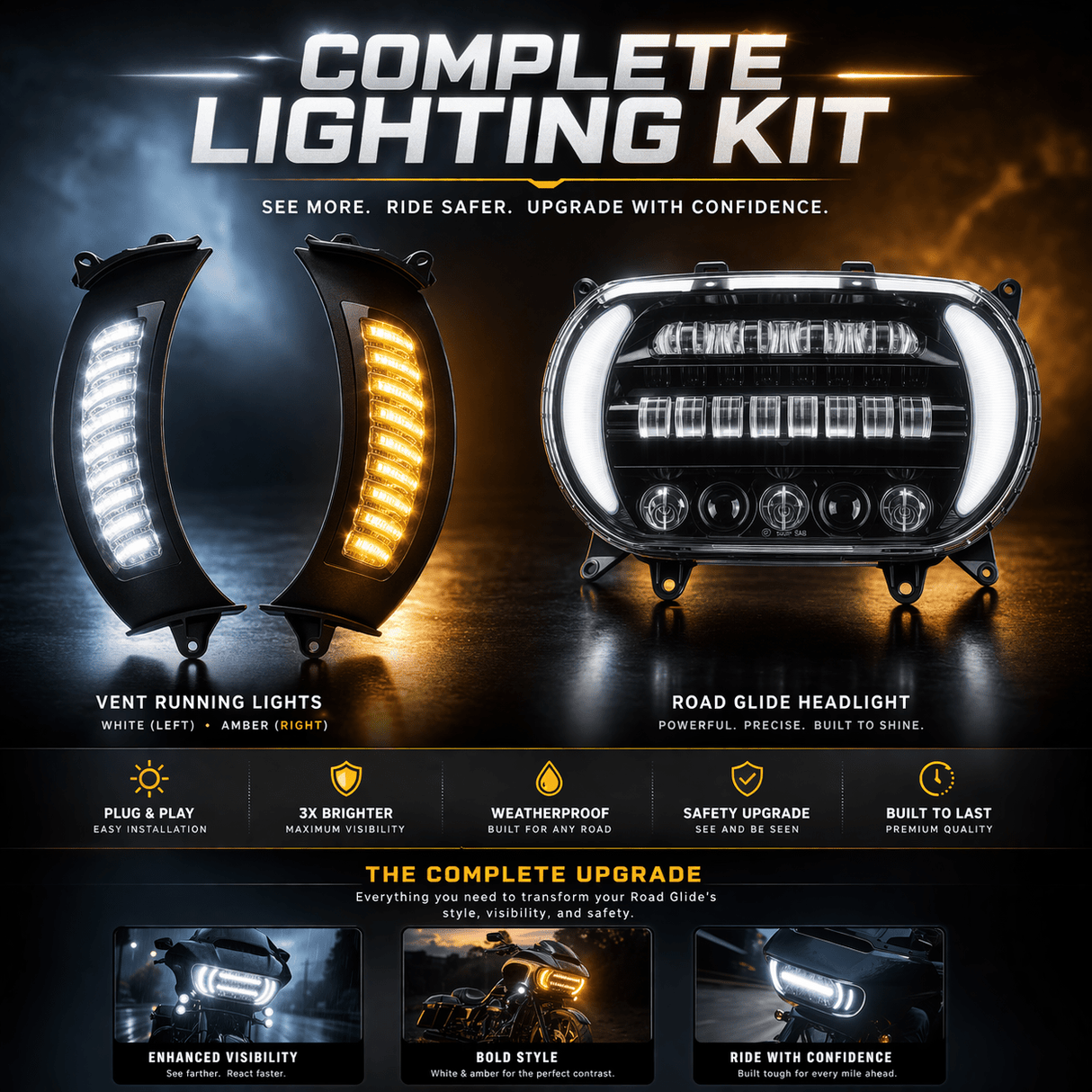 Eagle Lights LED Projection Headlight for Harley-Davidson 2015 - 2025 Road Glide with Vent Insert Light Combo Kit