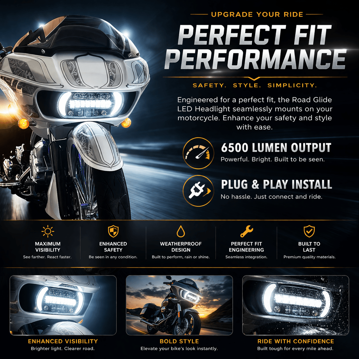 Eagle Lights LED Projection Headlight for Harley-Davidson 2015 - 2025 Road Glide with Vent Insert Light Combo Kit