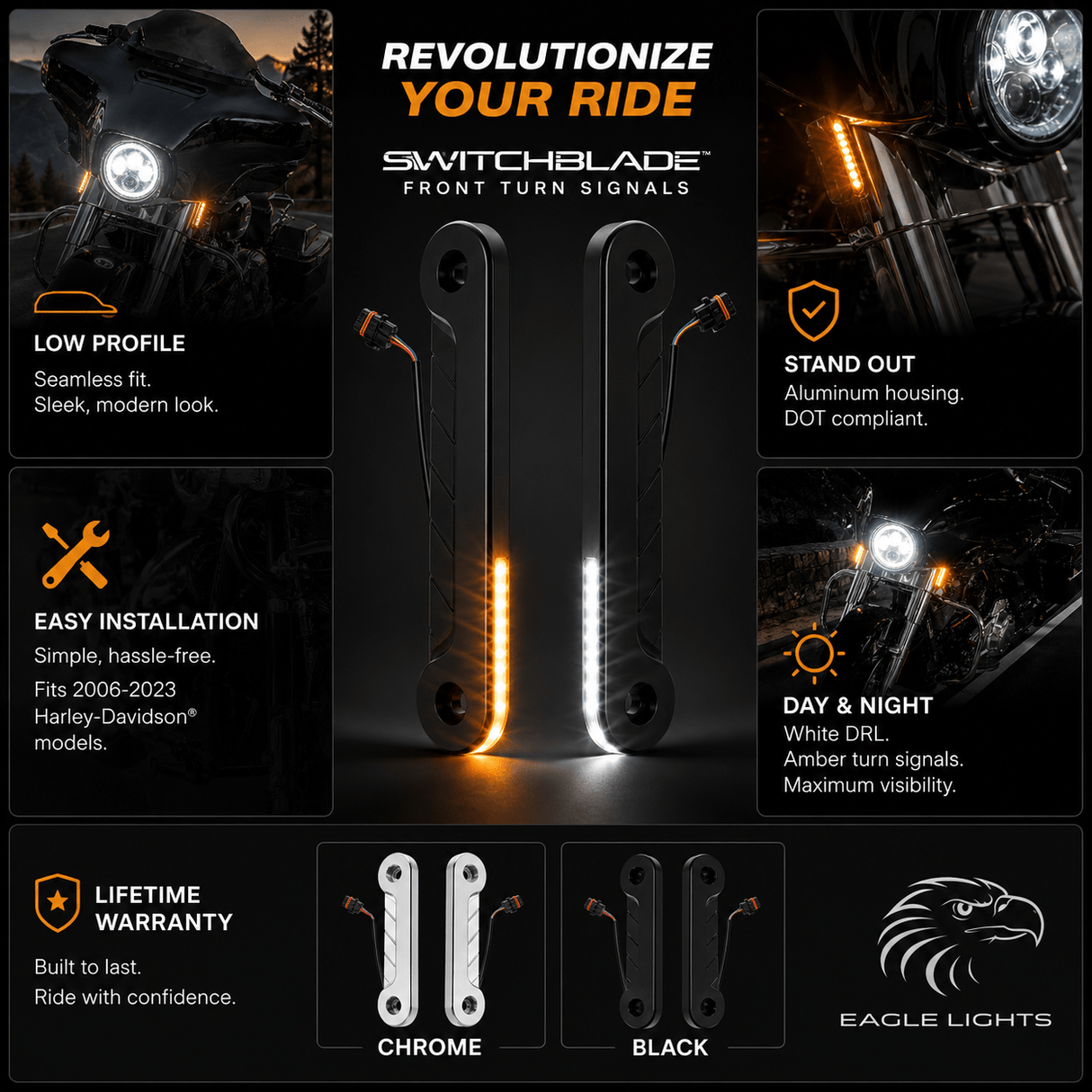 Eagle Lights SWITCHBLADE Low Profile Fork LED Turn Signal and Running Lights for 2006 - 2023 Harley-Davidson® Models