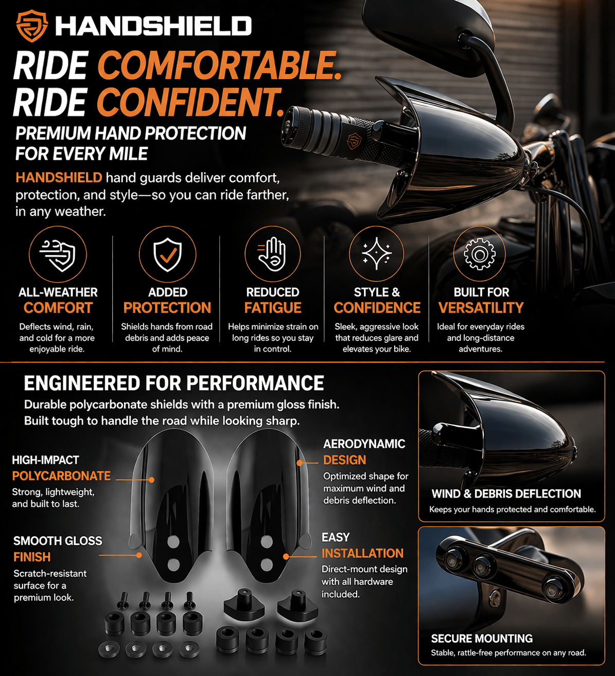 Eagle Lights HANDSHIELD Club Style Hand Guards for 2014 - 2023 Harley-Davidson® Electra Glide, Freewheeler, Road Glide, and Road King