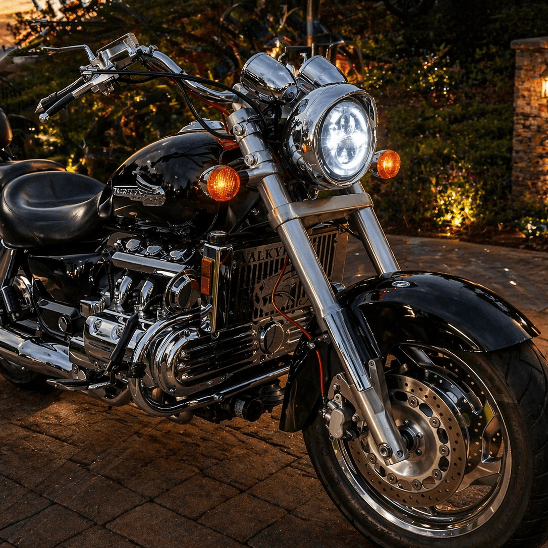 Motorcycle parked on a brick patio with a sunset or sunrise in the background