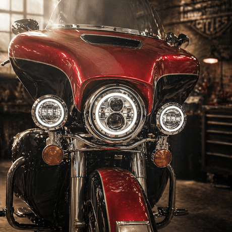 Eagle Lights 7" LED Headlight and 4.5" LED Passing Light Kit with Halo Rings for Harley-Davidson® and Indian Motorcycles - Generation I / Chrome