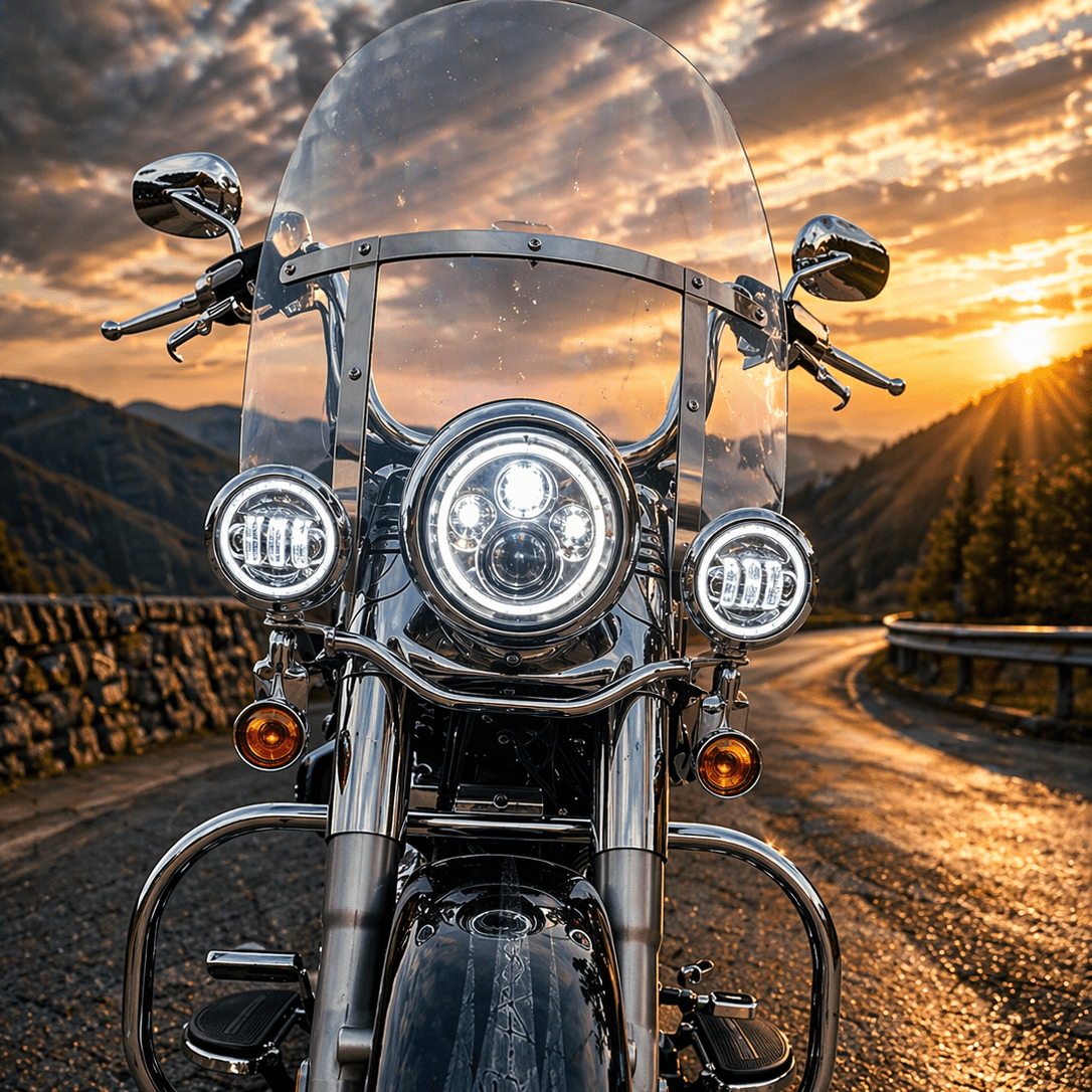 Eagle Lights 7" LED Headlight and 4.5" LED Passing Light Kit with Halo Rings for Harley-Davidson and Indian Motorcycles - Generation I / Chrome