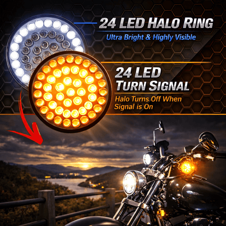 Eagle Lights 2” Front LED Turn Signal with Halo Running Light Kit for Harley-Davidson® - White Halo Ring / Amber Turn Signal / 1157 Base