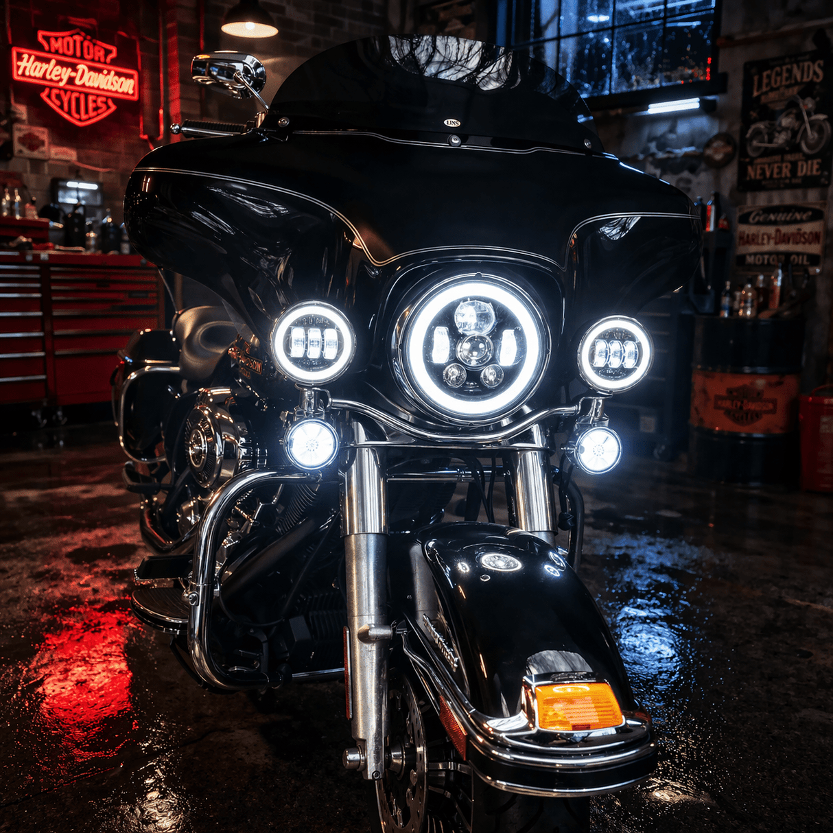 Eagle Lights 7" LED Headlight and 4.5" LED Passing Light Kit with Halo Rings for Harley-Davidson® & Indian® Motorcycles - Generation III / Black / Halo Ring