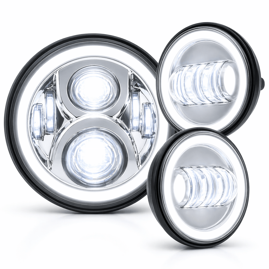 Eagle Lights 7" LED Headlight and 4.5" LED Passing Light Kit with Halo Rings for Harley-Davidson® & Indian® Motorcycles - Generation II / Chrome / Halo Ring