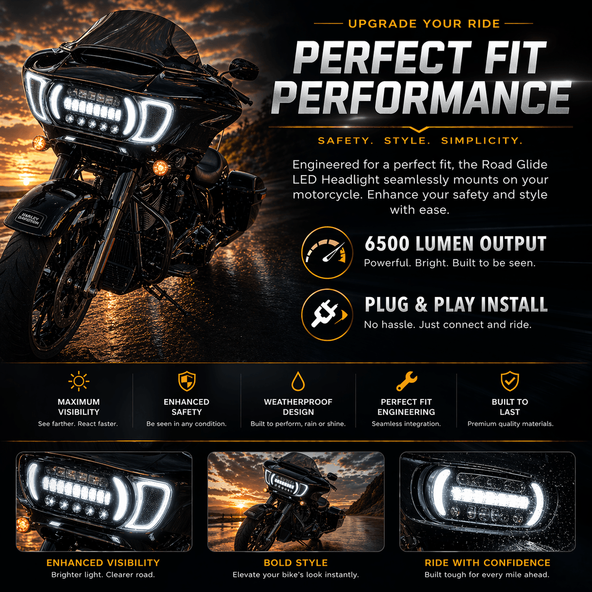 Eagle Lights LED Projection Headlight for Harley-Davidson 2015 - 2025 Road Glide Models with HALOS Vent Insert Light