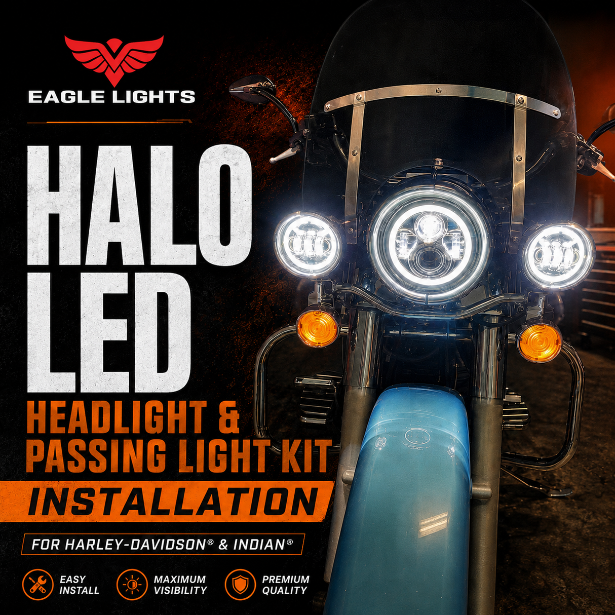 Eagle Lights 7" LED Headlight and 4.5" LED Passing Light Kit with Halo Rings for Harley-Davidson and Indian Motorcycles - Generation I / Chrome