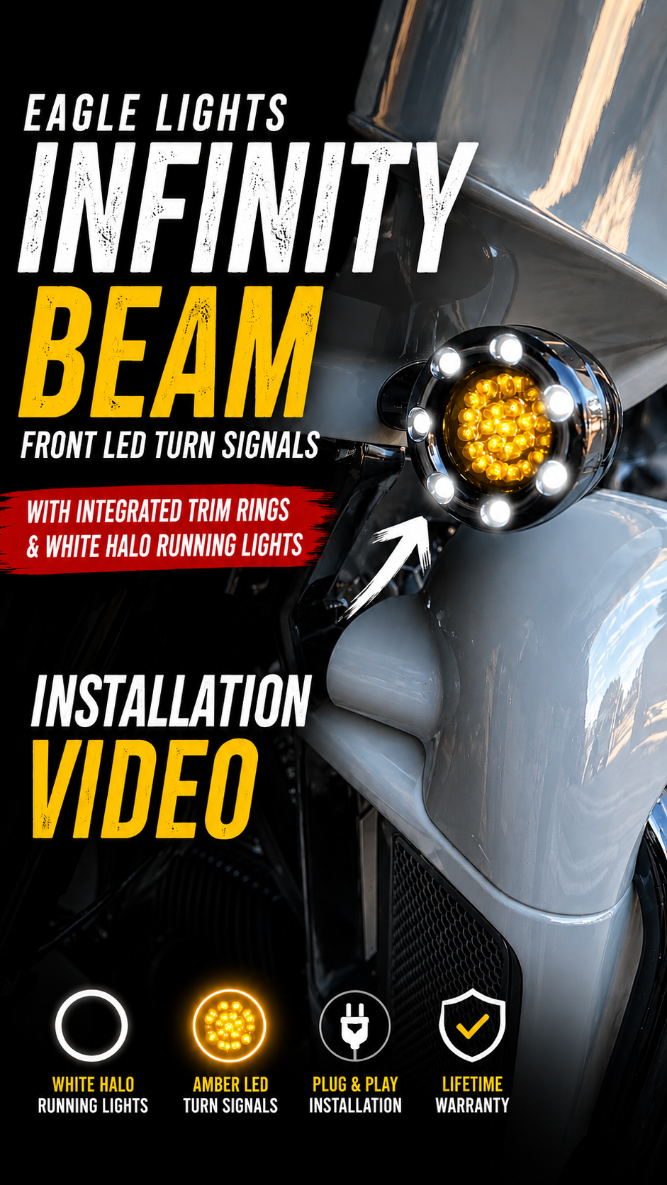 Eagle Lights 2” Infinity Beam Front LED Turn Signals with Integrated Trim Rings and White Halo Running Lights for Harley-Davidson® Motorcycles