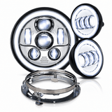 Eagle Lights 7" LED Headlight and 4.5" LED Passing Light Kit with Halo Rings for Harley-Davidson® & Indian® Motorcycles - Generation III / Chrome / Halo Ring