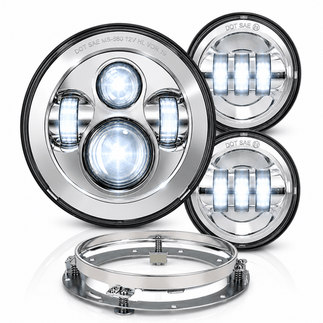 Eagle Lights 7" LED Headlight and 4.5" LED Passing Light Kit for Harley-Davidson® and Indian® Motorcycles - Generation I / Chrome