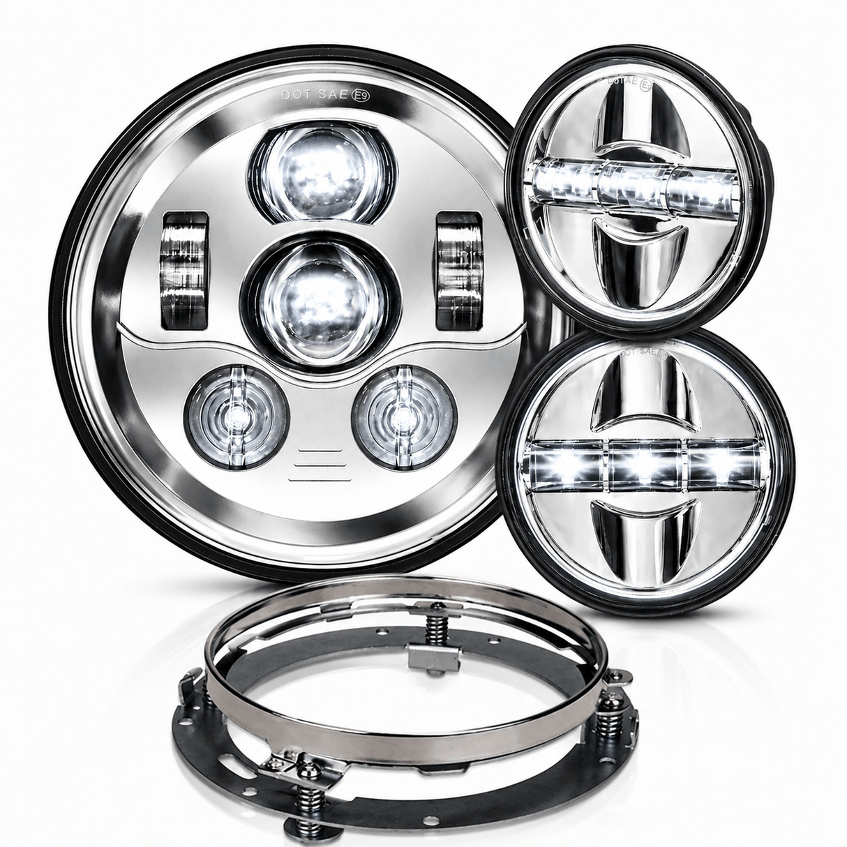 Eagle Lights 7" LED Headlight and 4.5" LED Passing Light Kit for Harley-Davidson® and Indian® Motorcycles - Generation III / Chrome