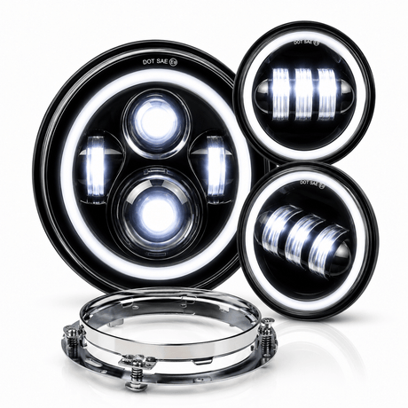 Eagle Lights 7" LED Headlight and 4.5" LED Passing Light Kit with Halo Rings for Harley-Davidson and Indian Motorcycles - Generation I / Black