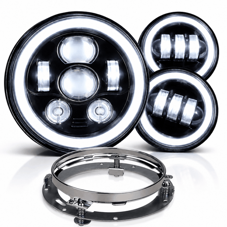 Eagle Lights 7" LED Headlight and 4.5" LED Passing Light Kit with Halo Rings for Harley-Davidson® & Indian® Motorcycles - Generation III / Black / Halo Ring