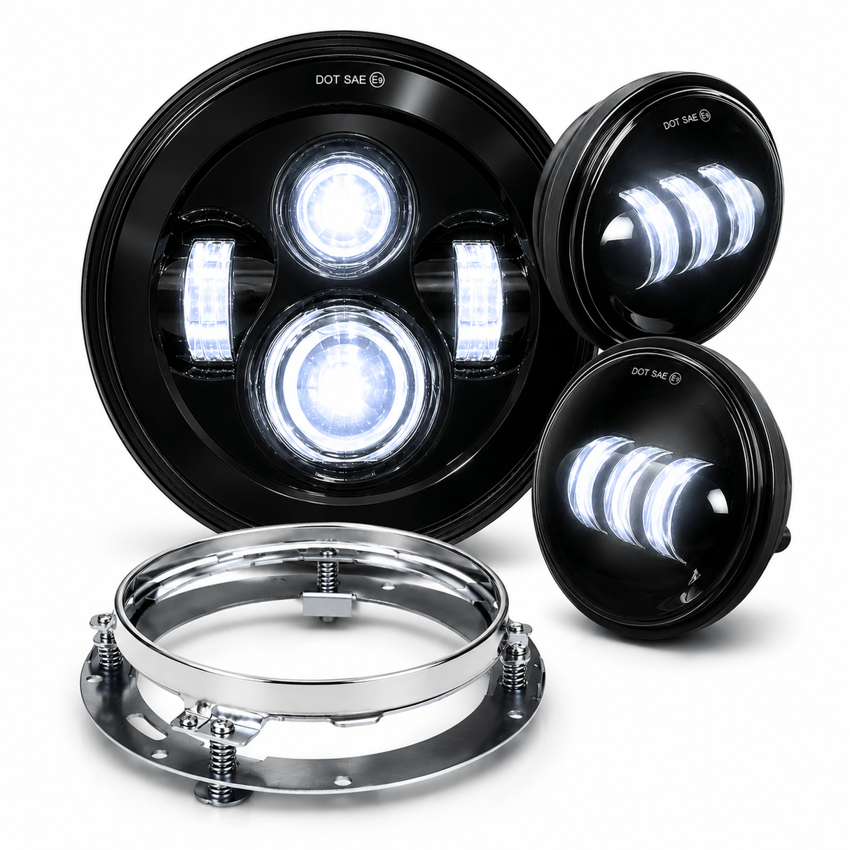 Eagle Lights 7" LED Headlight and 4.5" LED Passing Light Kit for Harley-Davidson and Indian Motorcycles - Generation I / Black