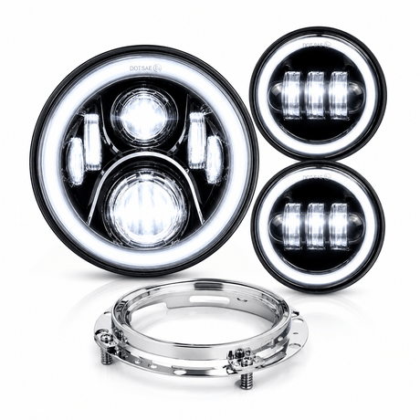 Eagle Lights 7" LED Headlight and 4.5" LED Passing Light Kit with Halo Rings for Harley-Davidson® and Indian Motorcycles - Generation II / Black / Halo Ring