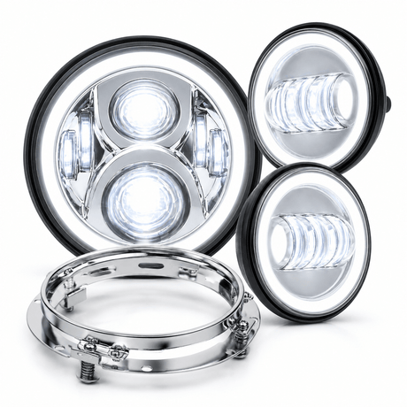Eagle Lights 7" LED Headlight and 4.5" LED Passing Light Kit with Halo Rings for Harley-Davidson® & Indian® Motorcycles - Generation II / Chrome / Halo Ring