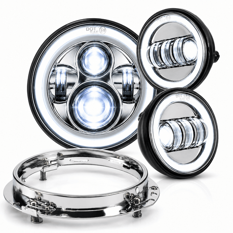 Eagle Lights 7" LED Headlight and 4.5" LED Passing Light Kit with Halo Rings for Harley-Davidson and Indian Motorcycles - Generation I / Chrome